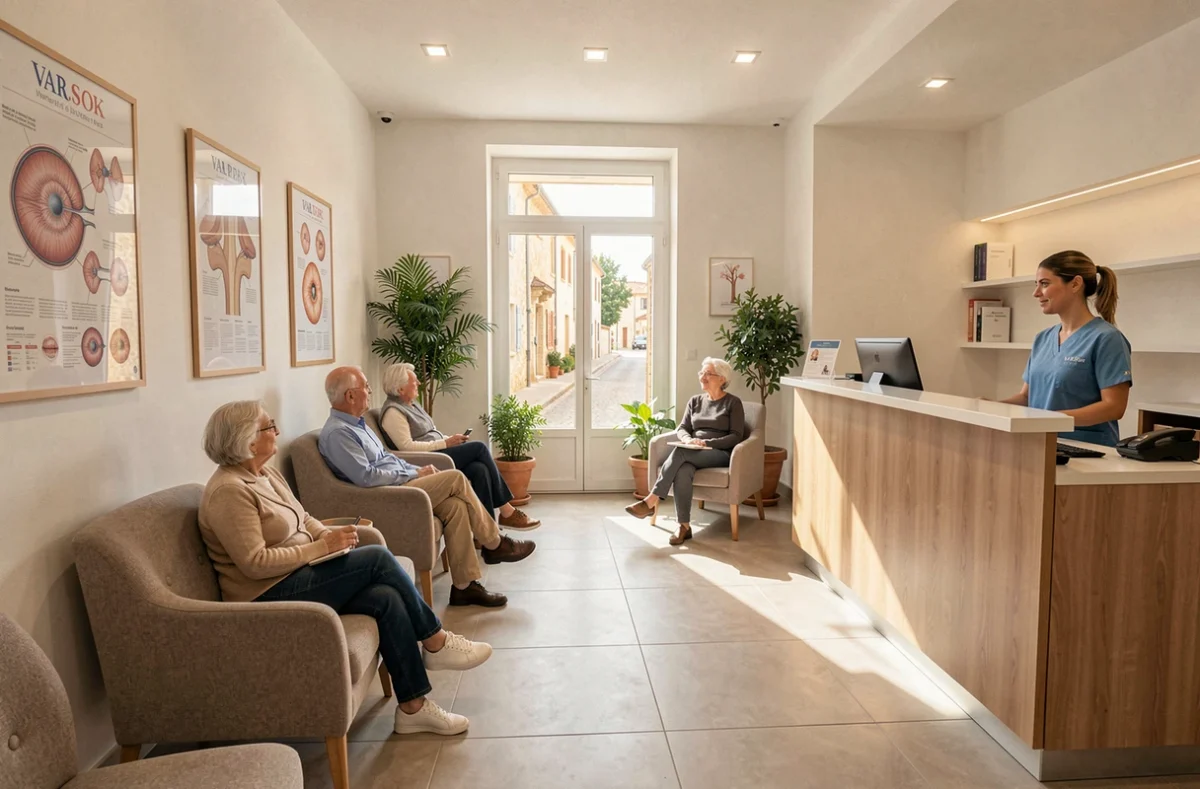 Salle d'attente moderne d'un cabinet ophtalmologique dans le Var, avec des patients assis et une réceptionniste en blouse