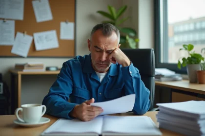 Ouvrier en tenue de travail examinant des documents administratifs liés à son accident de travail dans un bureau d'entreprise