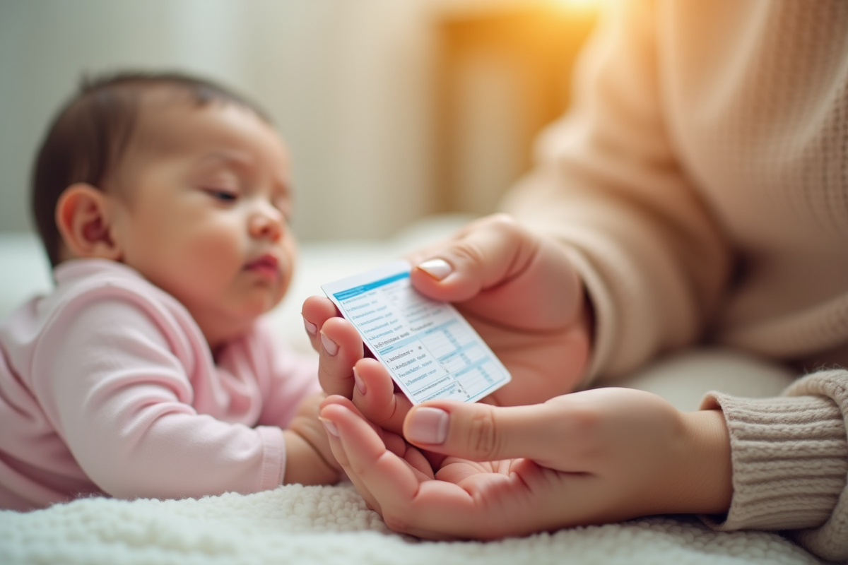 Parent tenant un carnet de vaccination avec un bébé endormi