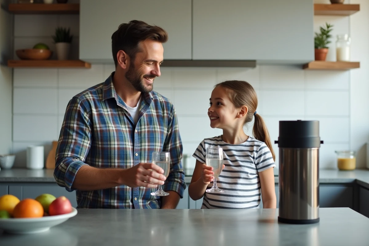 Père et enfant dégustant de l'eau filtrée par un Berkey dans une cuisine moderne familiale