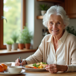 Petit déjeuner idéal pour une personne âgée: choix et conseils efficaces Femme âgée dégustant un petit déjeuner équilibré à la maison