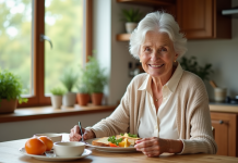 Petit déjeuner idéal pour une personne âgée: choix et conseils efficaces Femme âgée dégustant un petit déjeuner équilibré à la maison