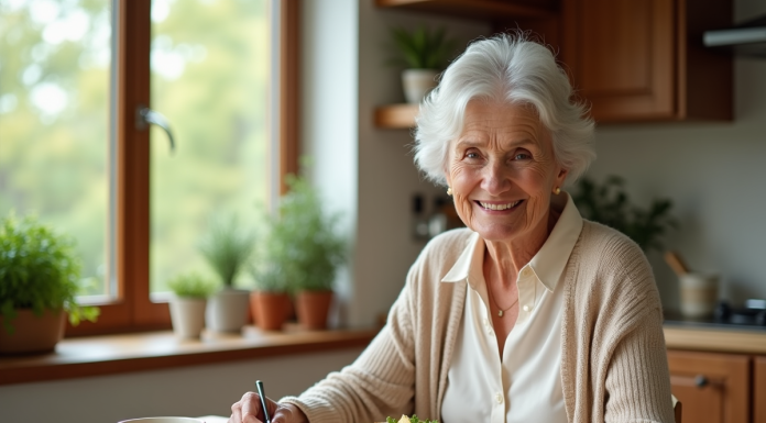 Petit déjeuner idéal pour une personne âgée: choix et conseils efficaces Femme âgée dégustant un petit déjeuner équilibré à la maison