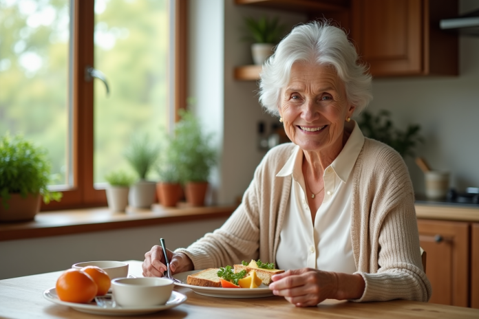 Femme âgée dégustant un petit déjeuner équilibré à la maison