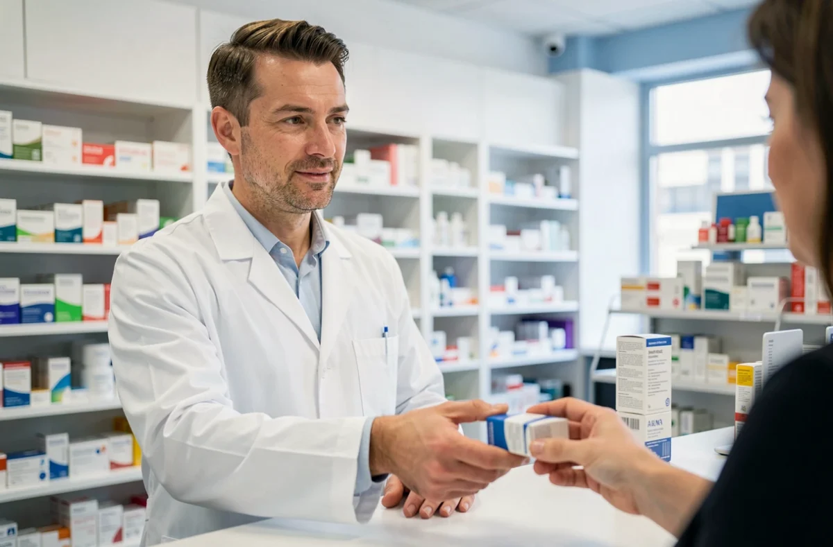 Pharmacien remettant une boîte de médicament antidépresseur à un patient au comptoir d'une pharmacie
