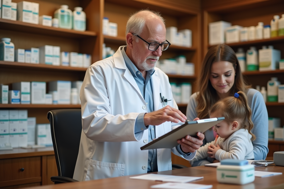 Pharmacien vérifiant un dossier près d