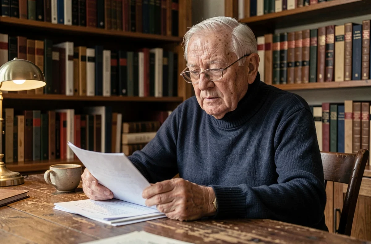 Homme âgé dans une bibliothèque privée consultant des documents médicaux, portrait intimiste illustrant le combat personnel contre la maladie