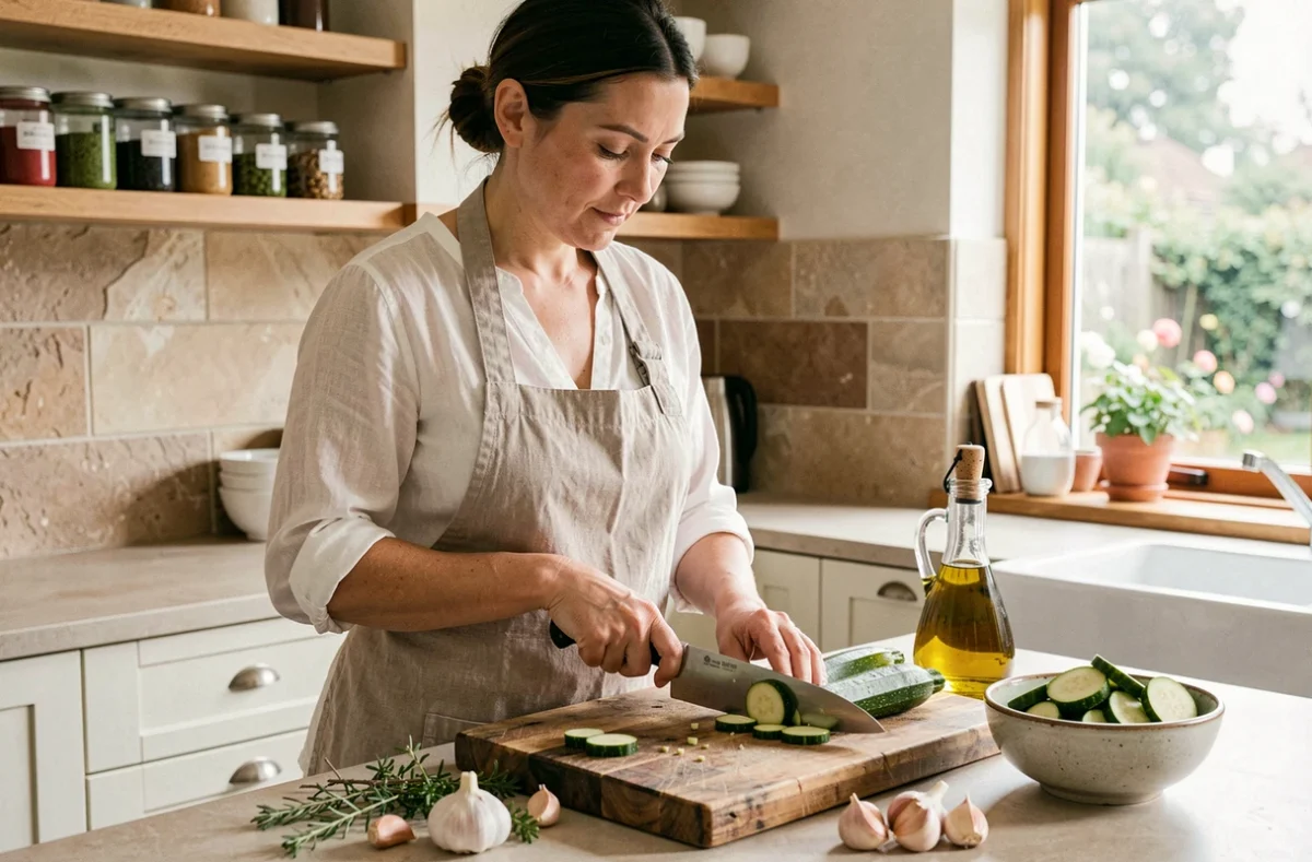 Femme préparant des courgettes en cuisine, les découpant en rondelles sur une planche en bois entourée d'herbes et d'huile d'olive