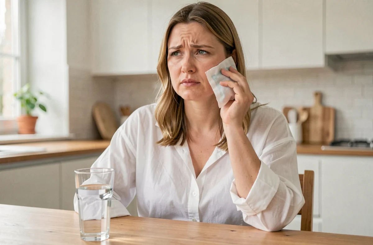 Femme enceinte soulageant une douleur dentaire avec une poche de glace à la maison pendant la grossesse