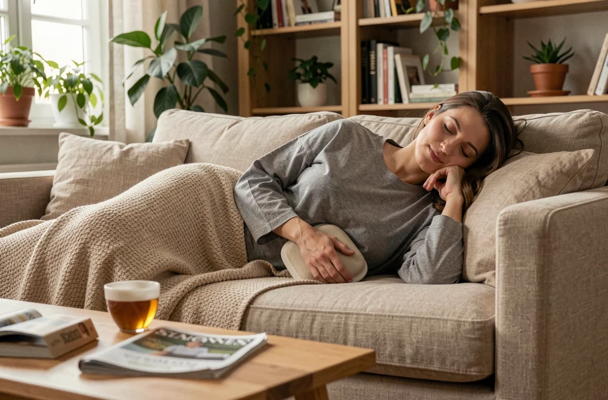 Femme se reposant sur un canapé avec une bouillotte après une chirurgie gynécologique, gestes de soulagement de la douleur pendant la convalescence