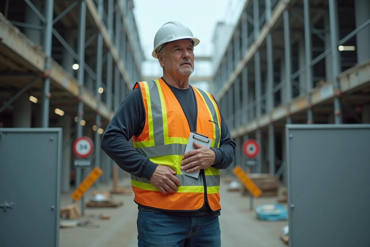 Ouvrier du bâtiment hésitant à reprendre le travail sur un chantier après un accident, tenant son dos avec une expression de douleur
