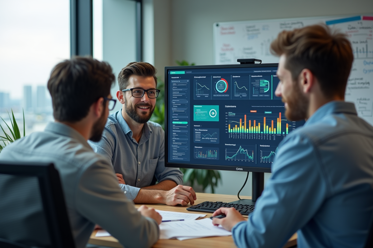 Groupe de jeunes professionnels analysant des données sur un grand écran