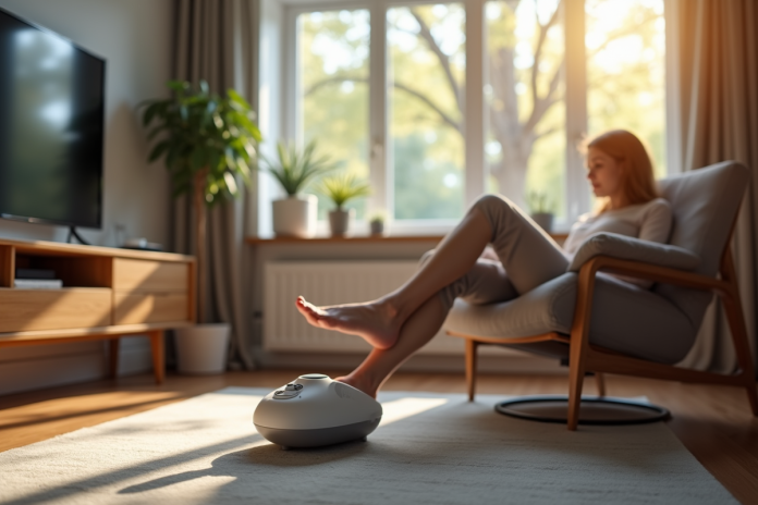Salon moderne avec personne utilisant un appareil de massage pour les pieds
