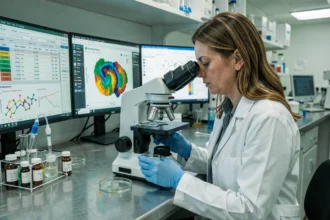 Scientifique en laboratoire de virologie analysant des variants du Covid sous microscope numérique