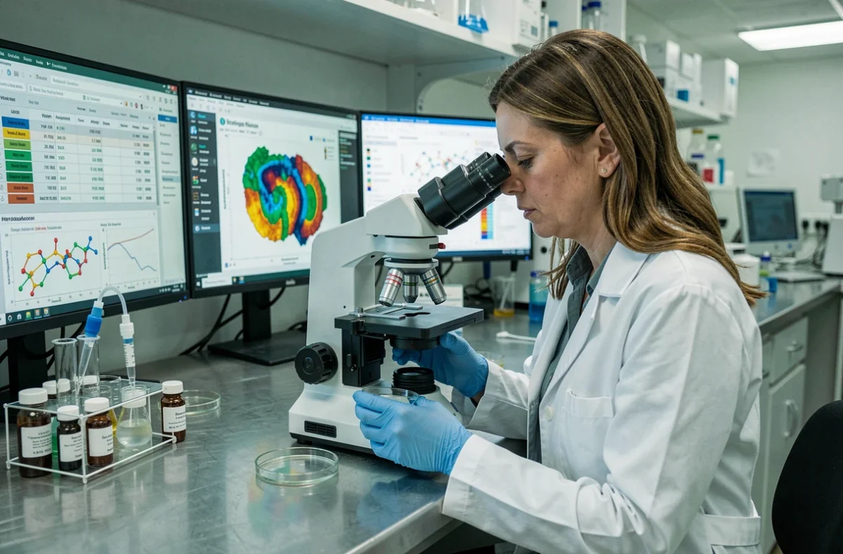 Scientifique en laboratoire de virologie analysant des variants du Covid sous microscope numérique