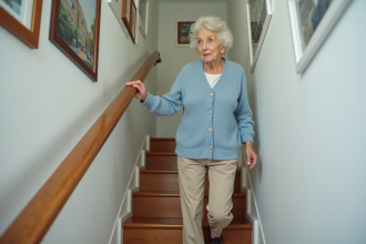 Femme âgée descend un escalier dans un appartement moderne