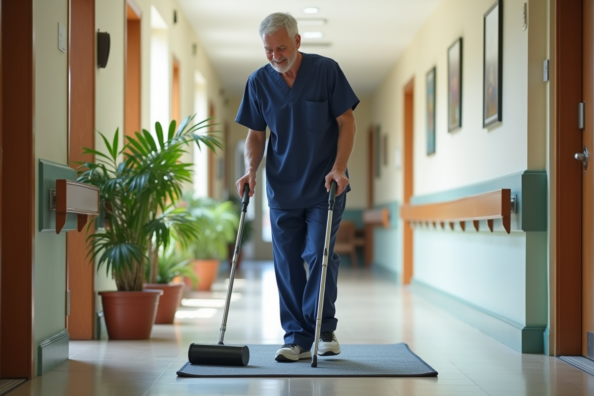 Homme en tenue médicale pose des tapis antidérapants dans un couloir