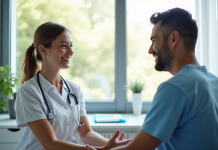 Femme specialiste en consultation avec patient souriant dans une clinique lumineuse