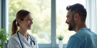 Femme specialiste en consultation avec patient souriant dans une clinique lumineuse