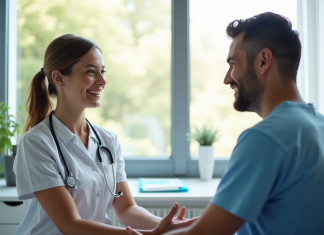 Femme specialiste en consultation avec patient souriant dans une clinique lumineuse