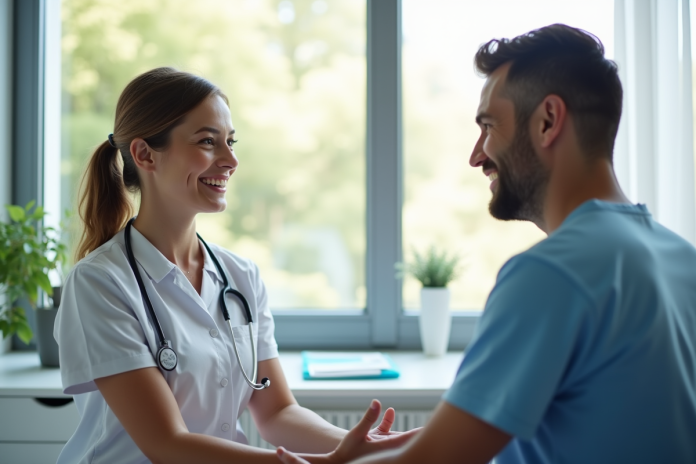 Femme specialiste en consultation avec patient souriant dans une clinique lumineuse