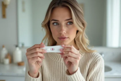 Femme tenant un test de grossesse bandelette avec une ligne d'évaporation faiblement visible, examinée de près dans une salle de bain épurée