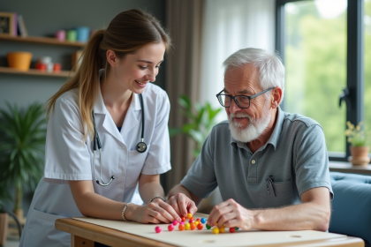 Jeune therapie occupationale aidant un senior en rehabilitation