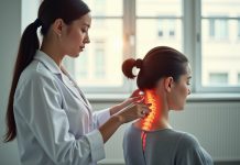 Therapeute physique examinant doucement un patient au cou