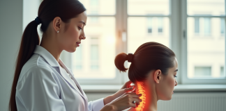 Therapeute physique examinant doucement un patient au cou