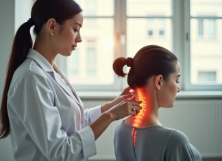 Therapeute physique examinant doucement un patient au cou