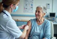 Femme senior recevant un vaccin en clinique moderne