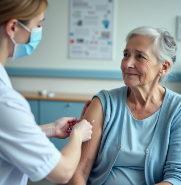 Vaccin contre le zona : efficacité et bénéfices de la vaccination Femme senior recevant un vaccin en clinique moderne