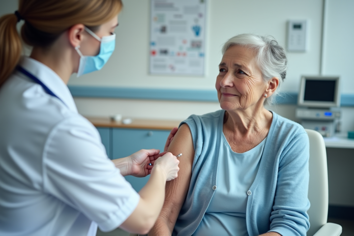 vaccination-senior-clinique Femme senior recevant un vaccin en clinique moderne