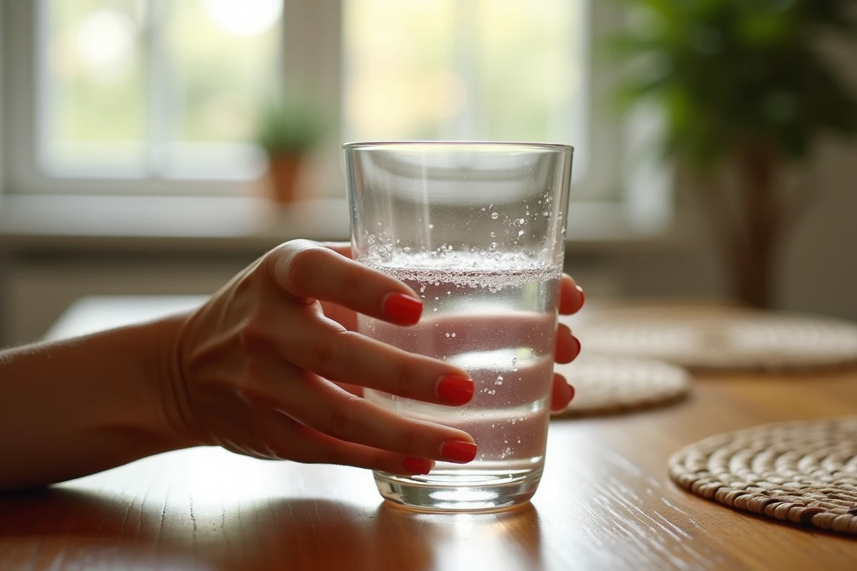 Verre d'eau claire filtrée par un Berkey tenu à la main avec le filtre visible en arrière-plan flou